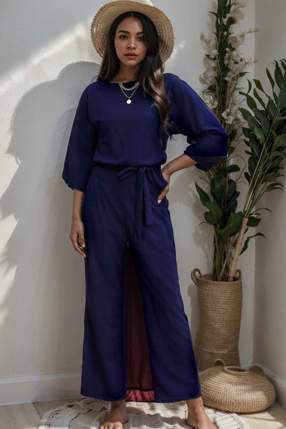 solid five point sleeve belted wide leg jumpsuit 111544