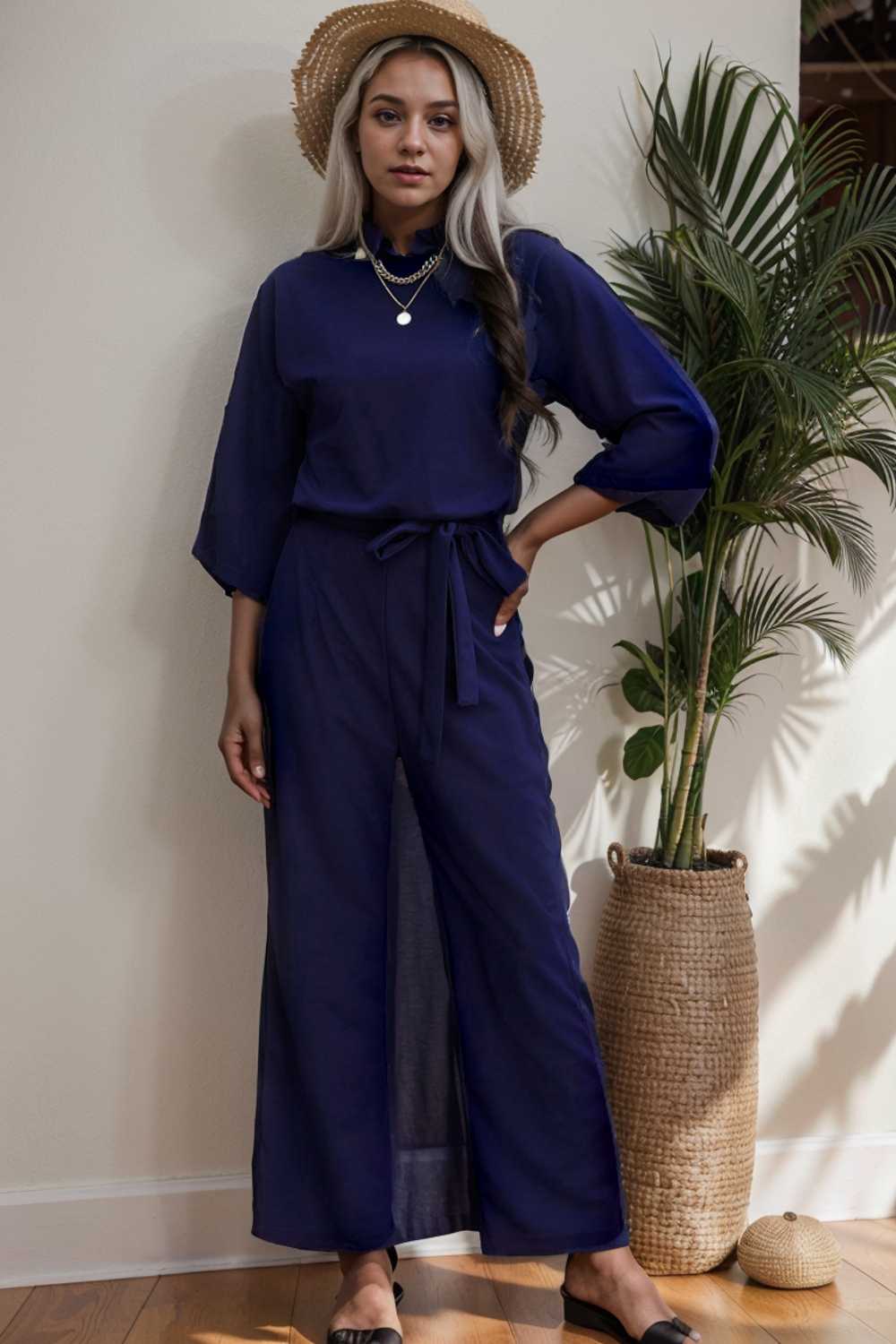 solid five point sleeve belted wide leg jumpsuit 106394