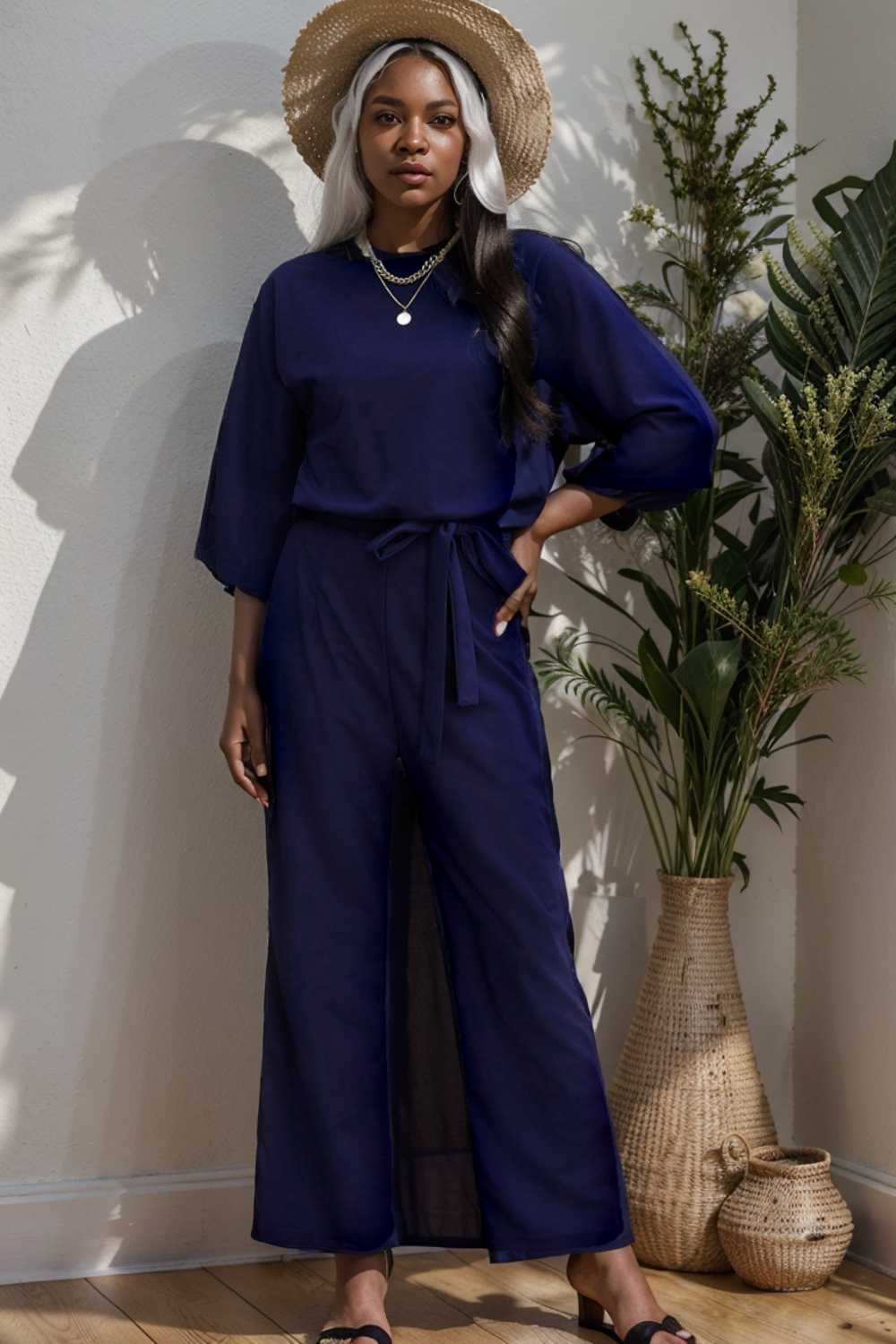 solid five point sleeve belted wide leg jumpsuit 111531