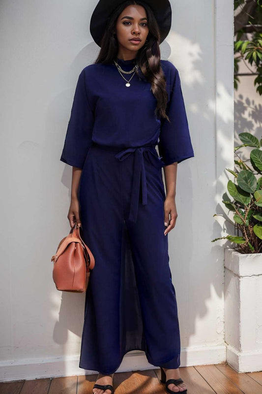 solid five point sleeve belted wide leg jumpsuit 107251