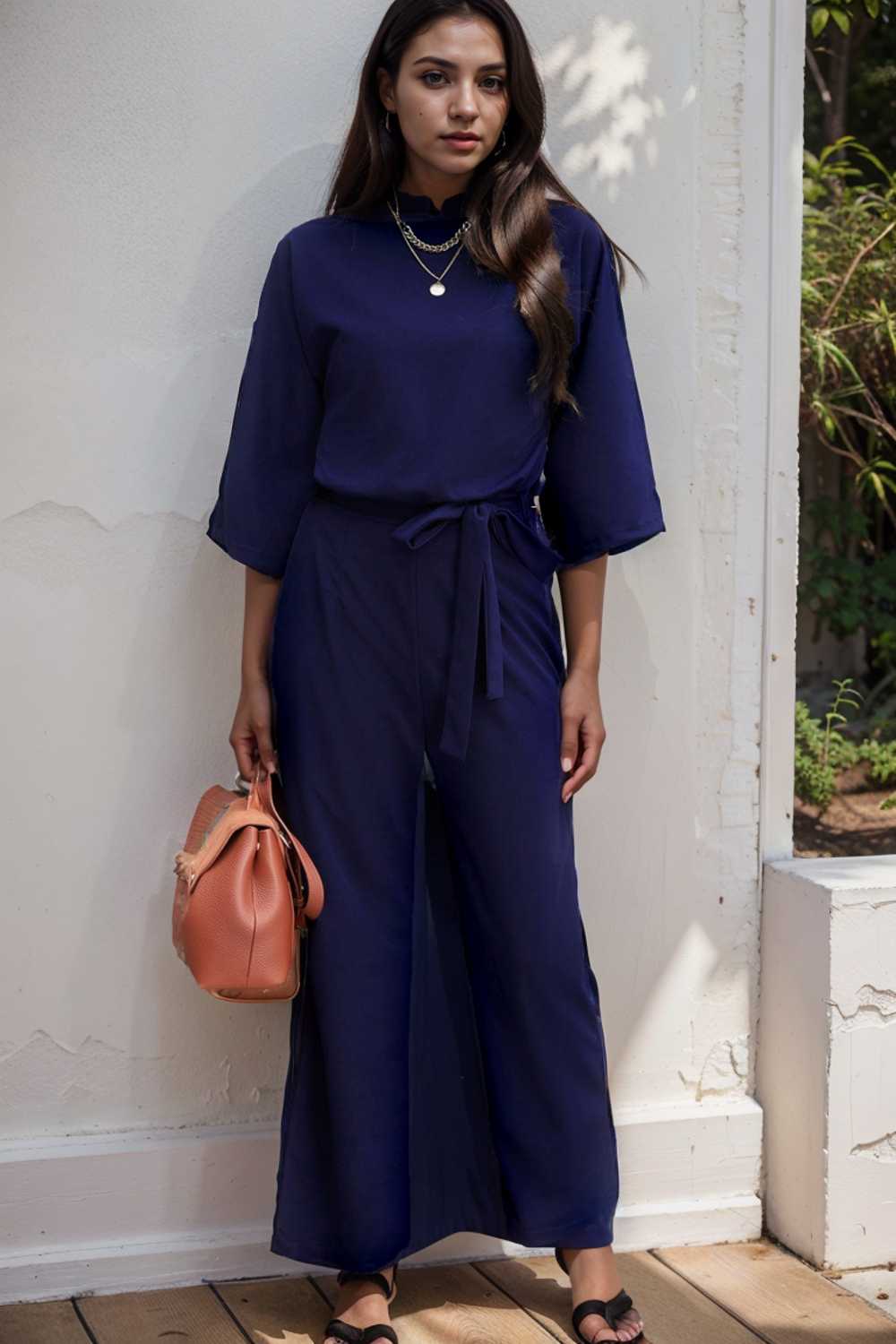 solid five point sleeve belted wide leg jumpsuit 106393