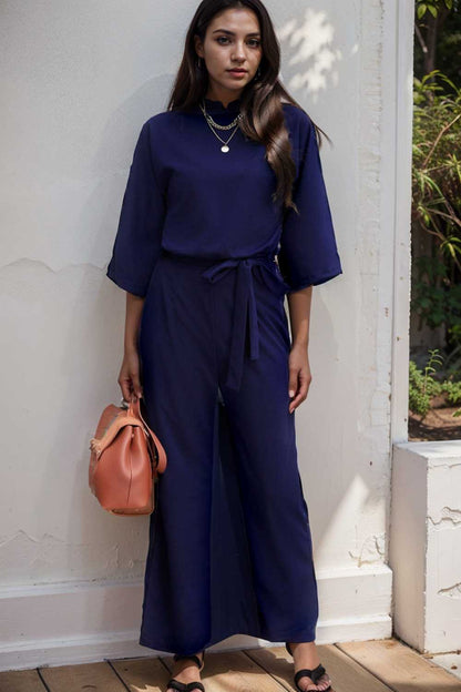 solid five point sleeve belted wide leg jumpsuit 106393