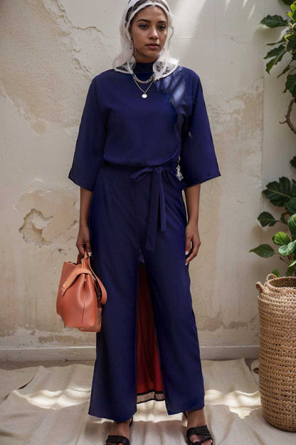 solid five point sleeve belted wide leg jumpsuit 106392