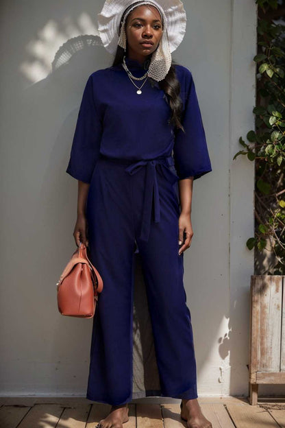 solid five point sleeve belted wide leg jumpsuit 111529