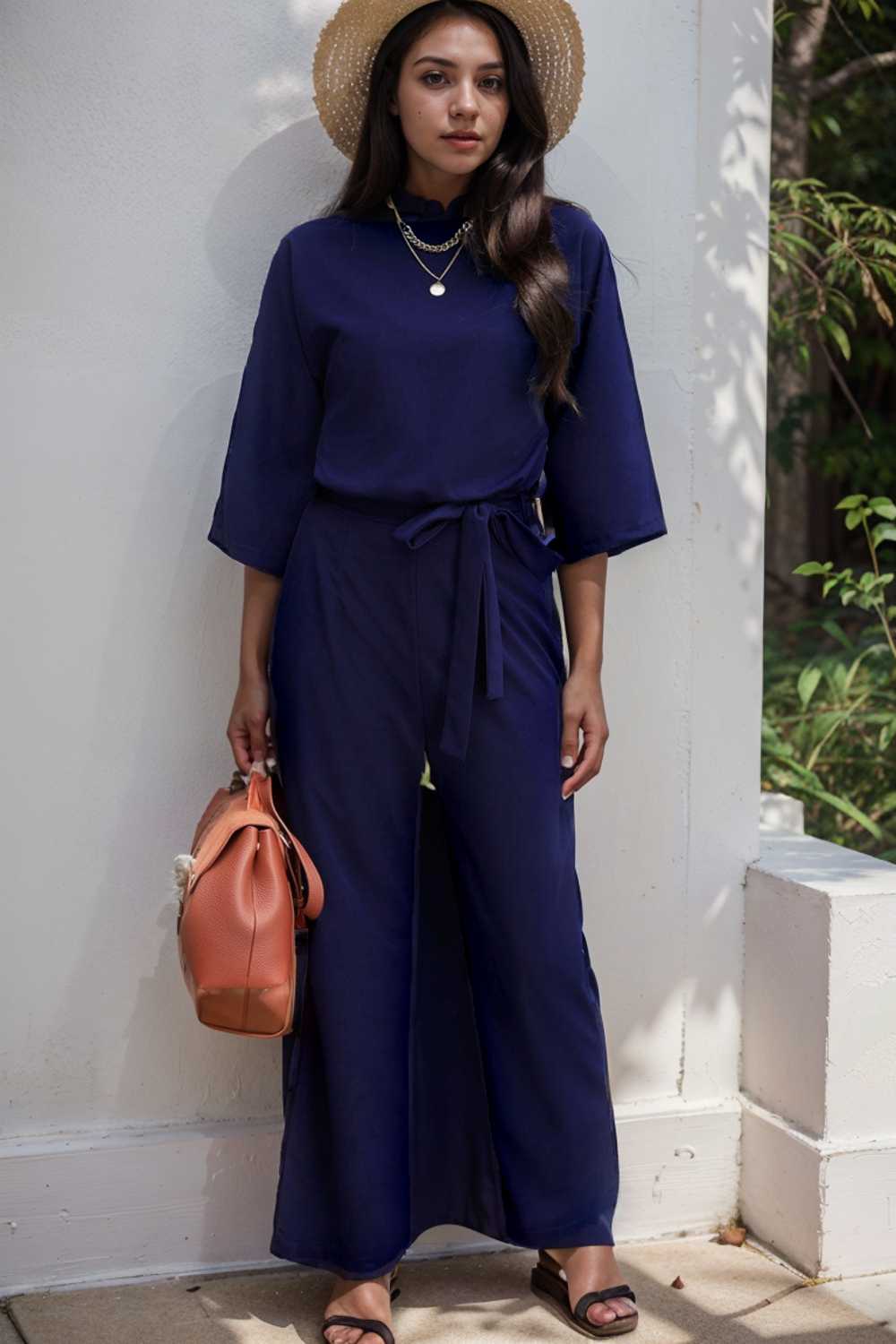 solid five point sleeve belted wide leg jumpsuit 106390