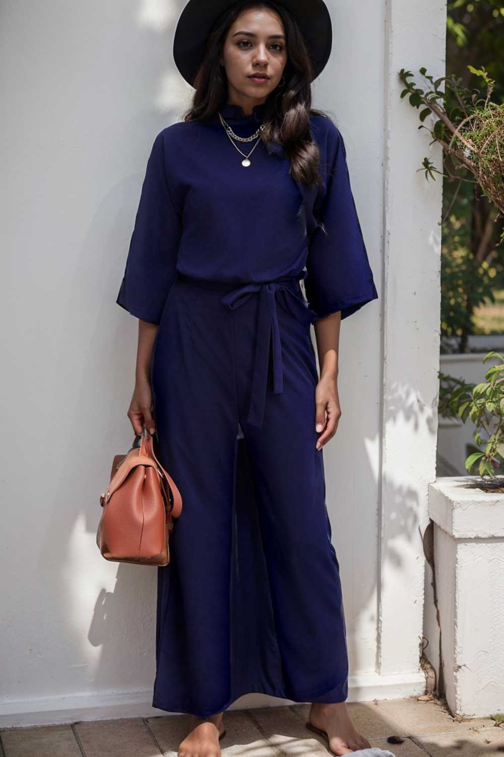 solid five point sleeve belted wide leg jumpsuit 106389