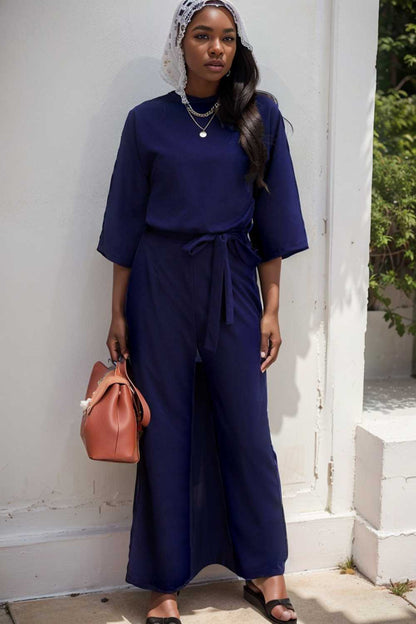 solid five point sleeve belted wide leg jumpsuit 111526