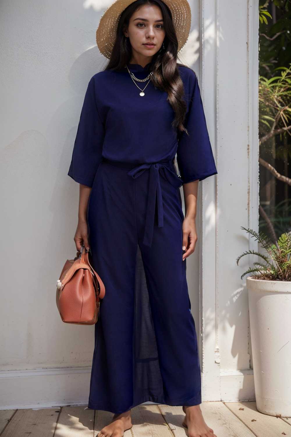 solid five point sleeve belted wide leg jumpsuit 106388