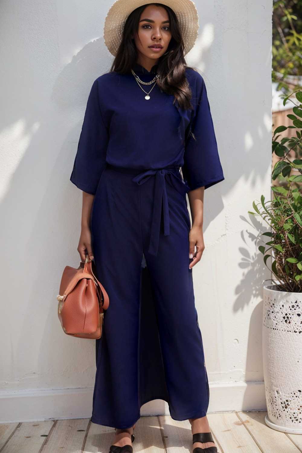 solid five point sleeve belted wide leg jumpsuit 111524