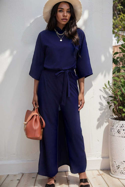 solid five point sleeve belted wide leg jumpsuit 111524