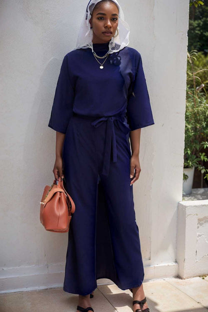 solid five point sleeve belted wide leg jumpsuit 111520