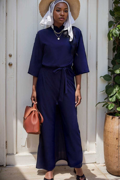 solid five point sleeve belted wide leg jumpsuit 111511