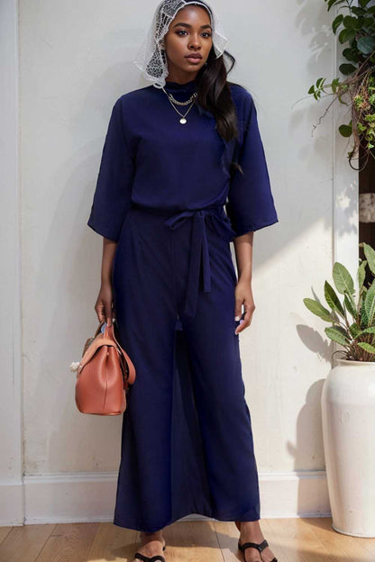 solid five point sleeve belted wide leg jumpsuit 106214