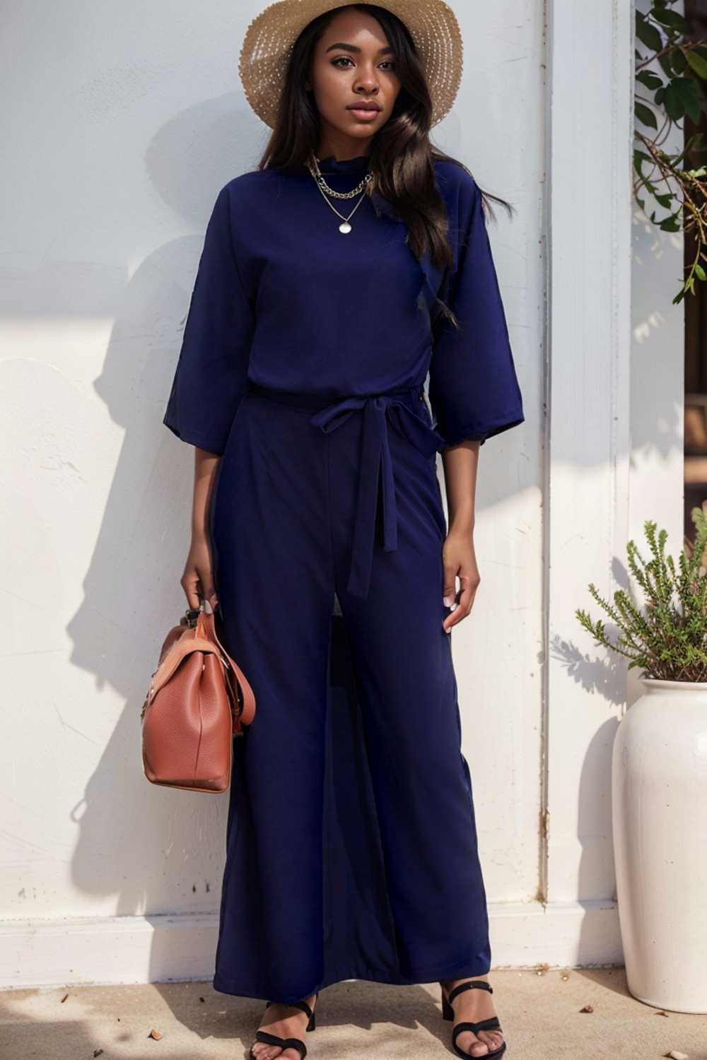solid five point sleeve belted wide leg jumpsuit 106213