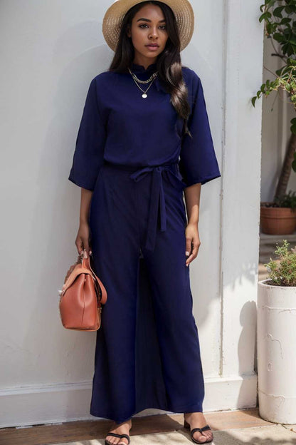 solid five point sleeve belted wide leg jumpsuit 106212