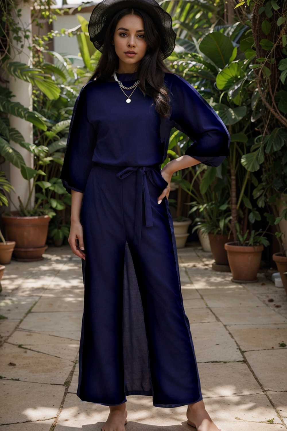 solid five point sleeve belted wide leg jumpsuit 106210