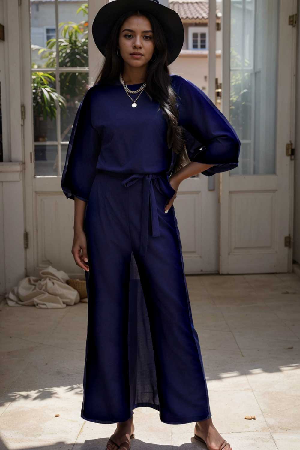 solid five point sleeve belted wide leg jumpsuit 106386