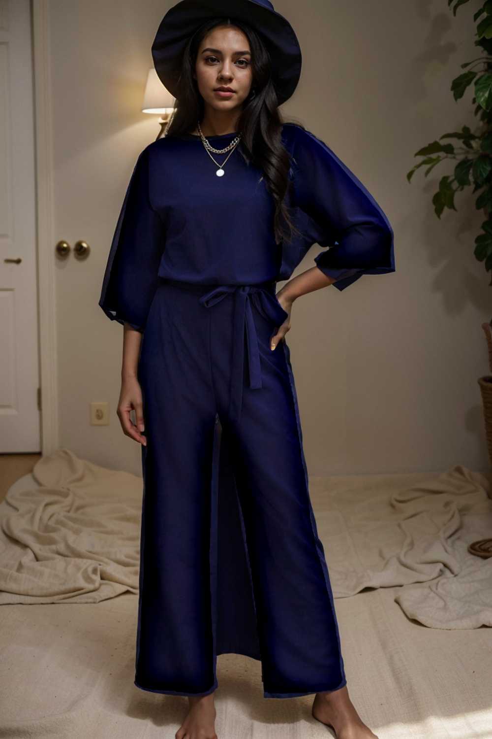 solid five point sleeve belted wide leg jumpsuit 106385