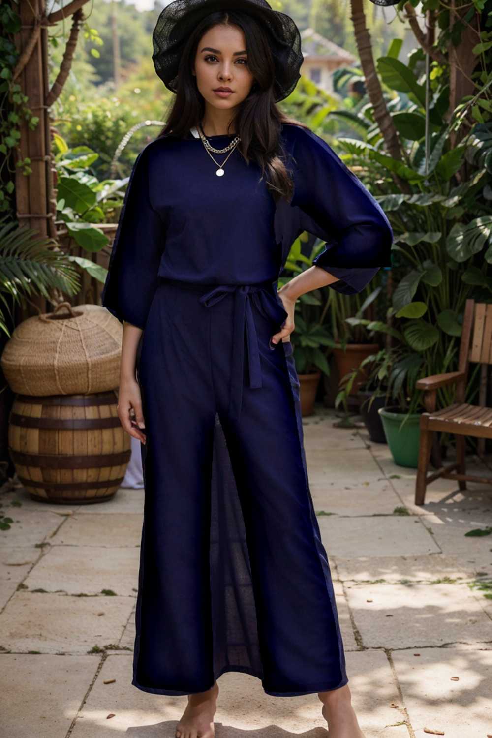 solid five point sleeve belted wide leg jumpsuit 106209