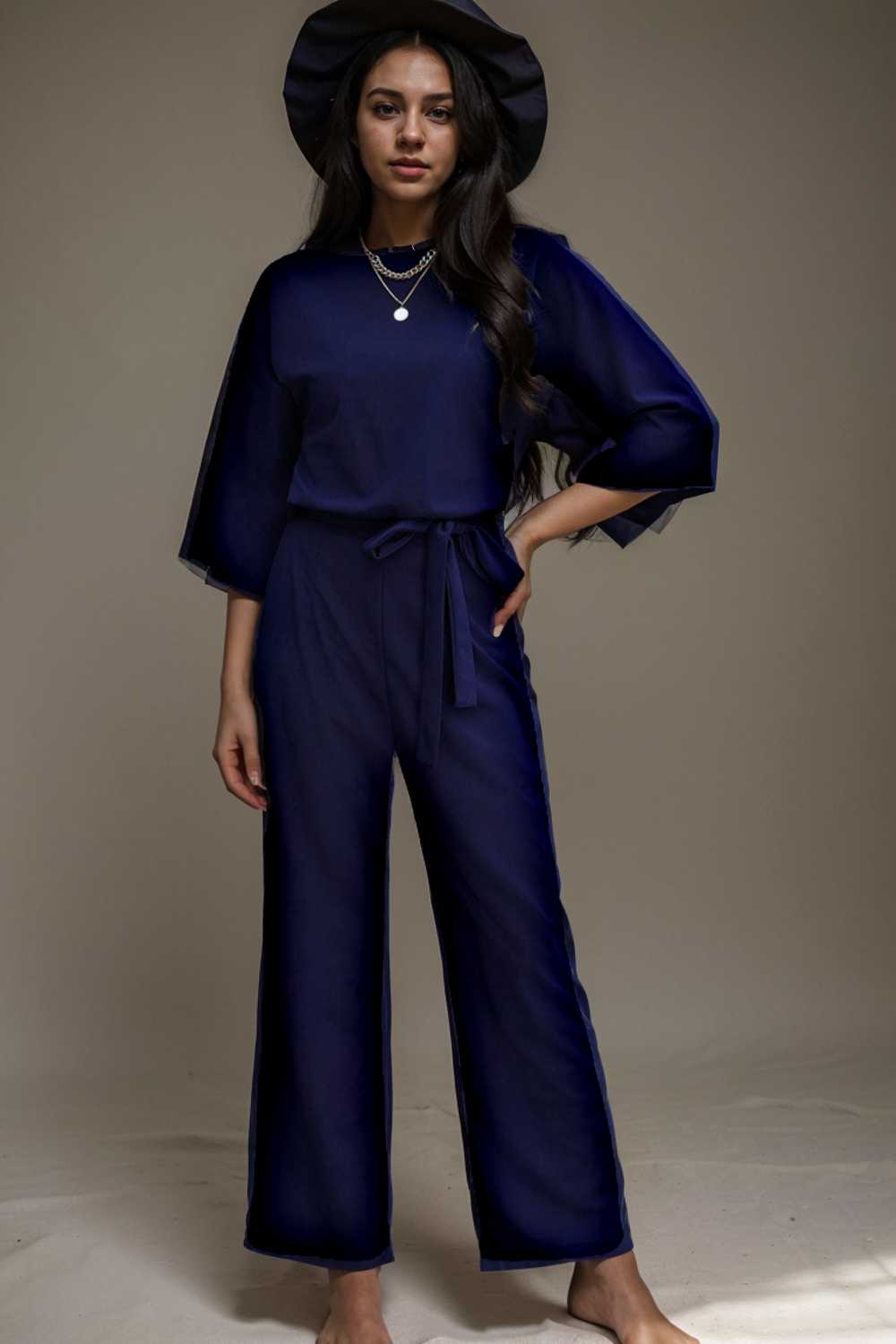 solid five point sleeve belted wide leg jumpsuit 106384