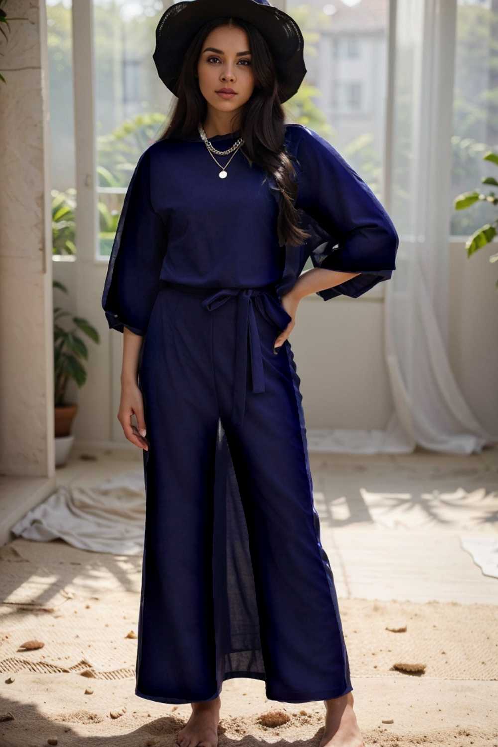 solid five point sleeve belted wide leg jumpsuit 106208