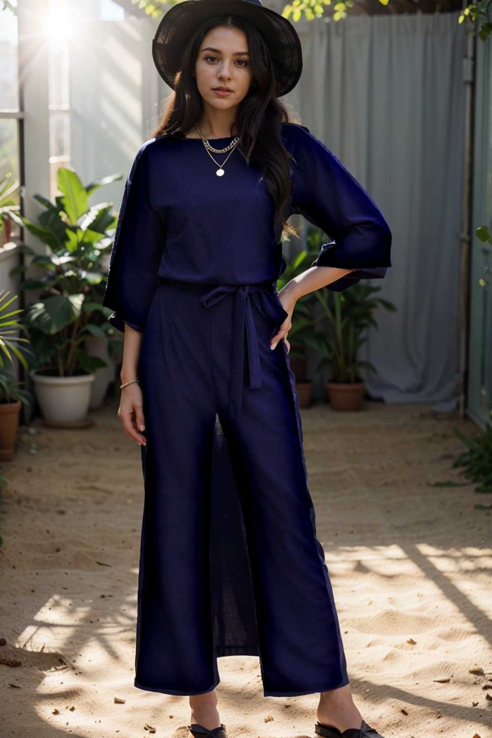 solid five point sleeve belted wide leg jumpsuit 106383