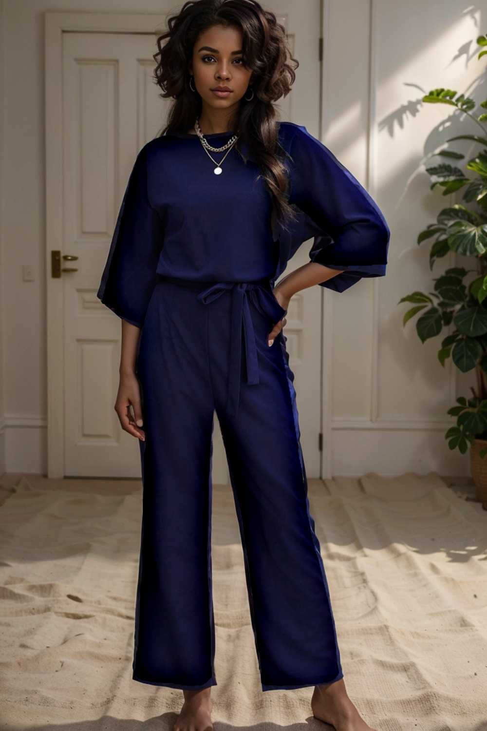 solid five point sleeve belted wide leg jumpsuit 106207