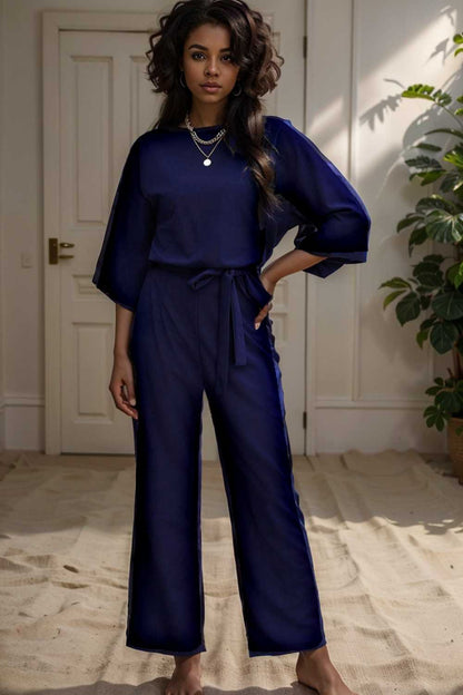 solid five point sleeve belted wide leg jumpsuit 106207