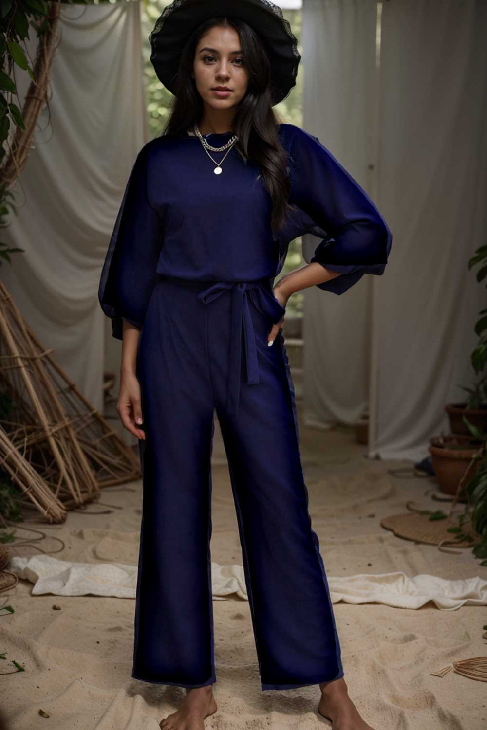 solid five point sleeve belted wide leg jumpsuit 106382
