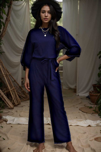 solid five point sleeve belted wide leg jumpsuit 106382