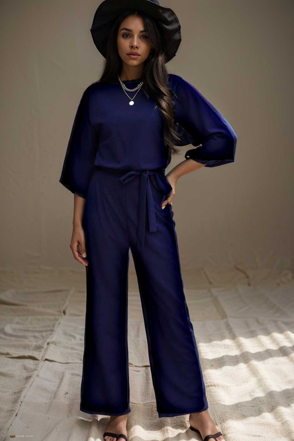 solid five point sleeve belted wide leg jumpsuit 106206