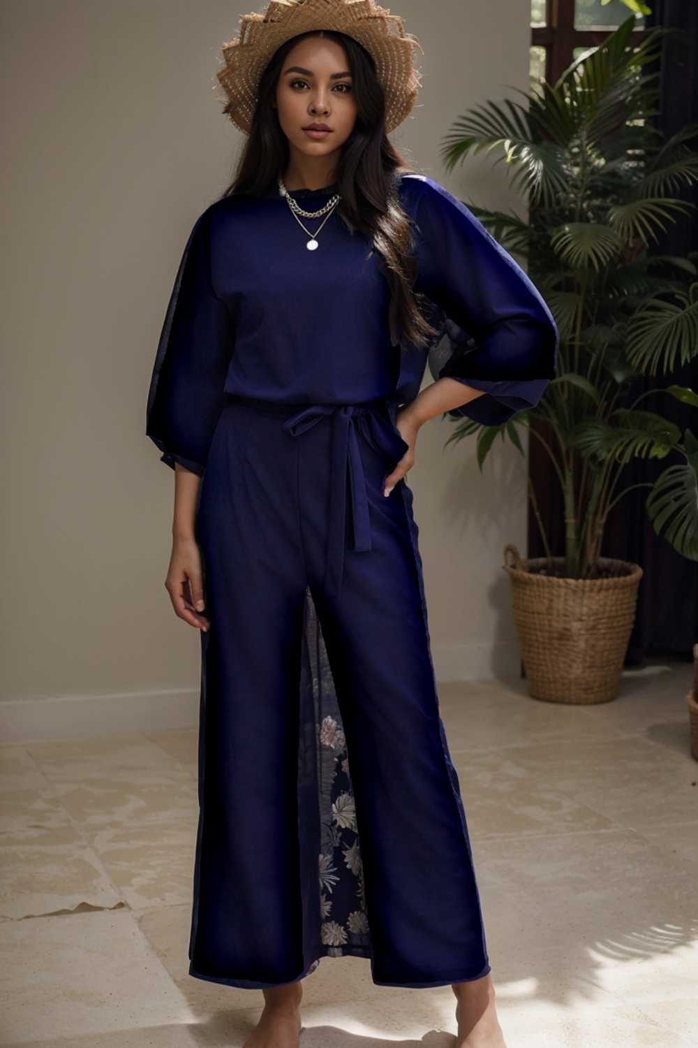 solid five point sleeve belted wide leg jumpsuit 106205