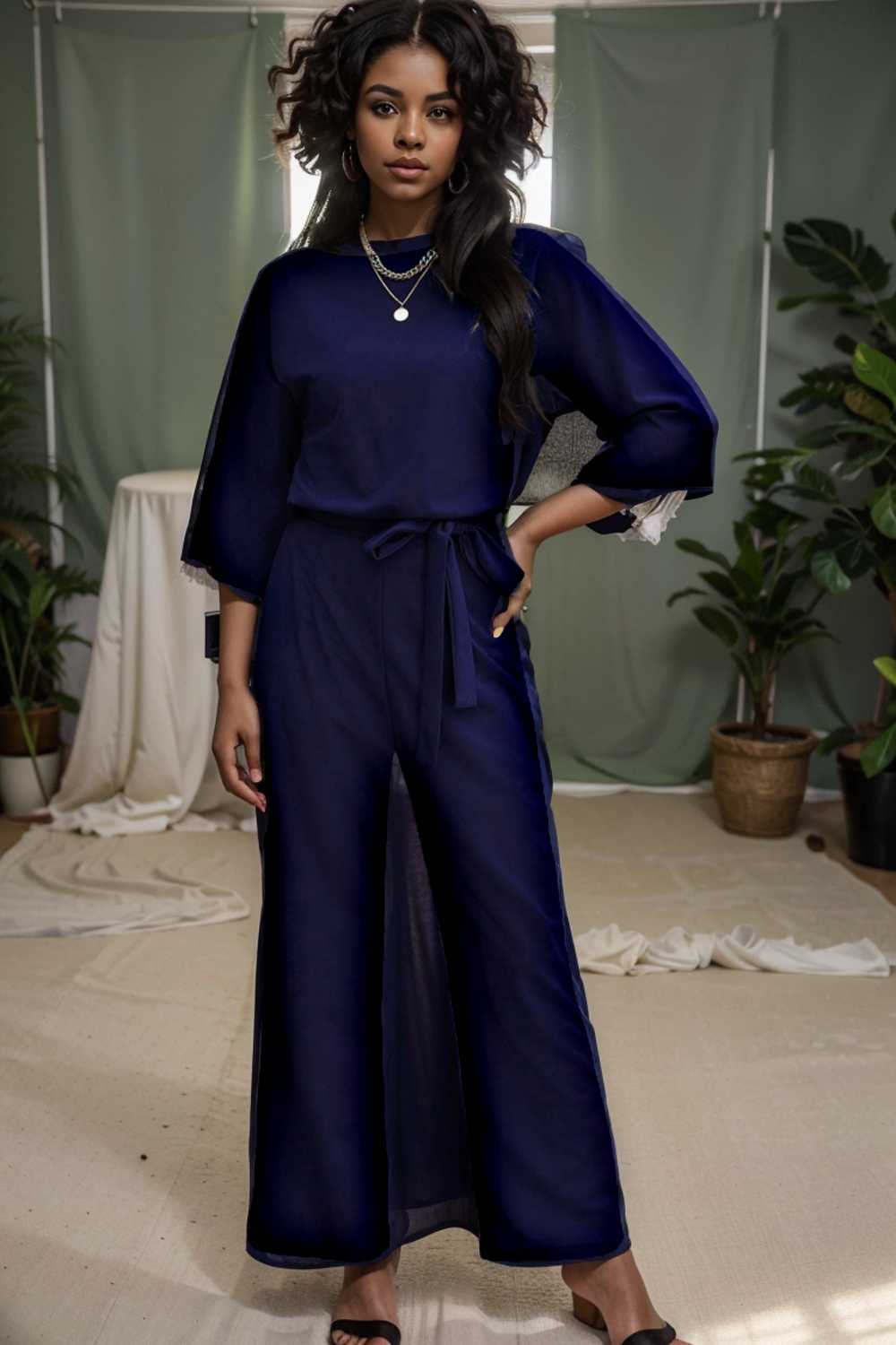 solid five point sleeve belted wide leg jumpsuit 106204