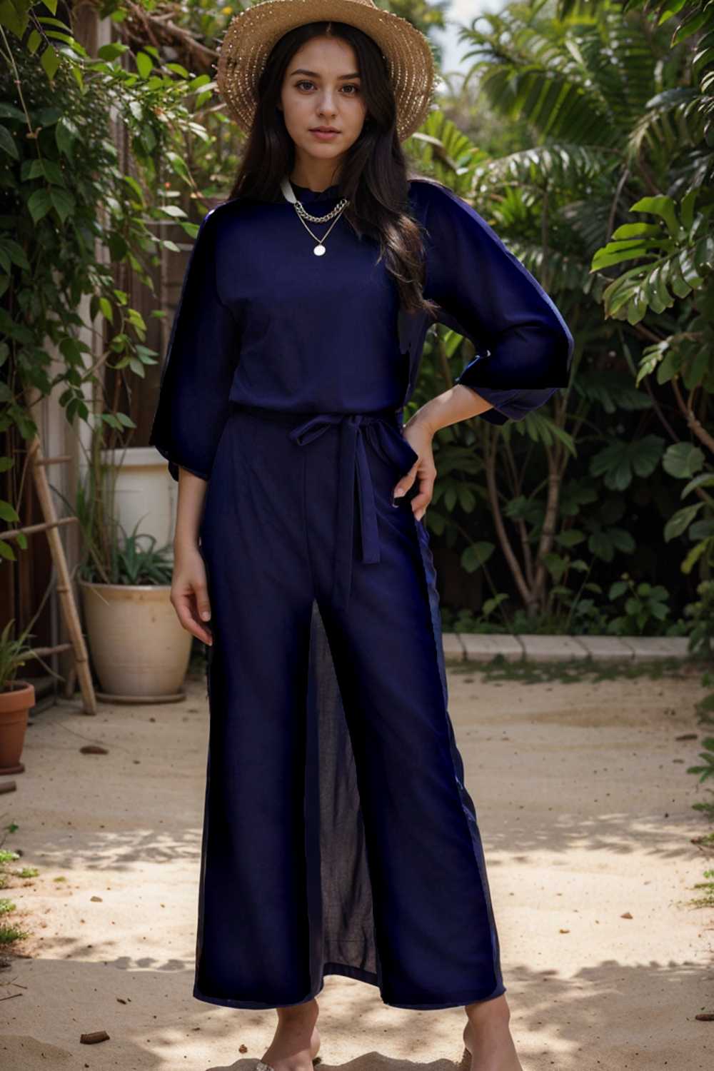solid five point sleeve belted wide leg jumpsuit 106380