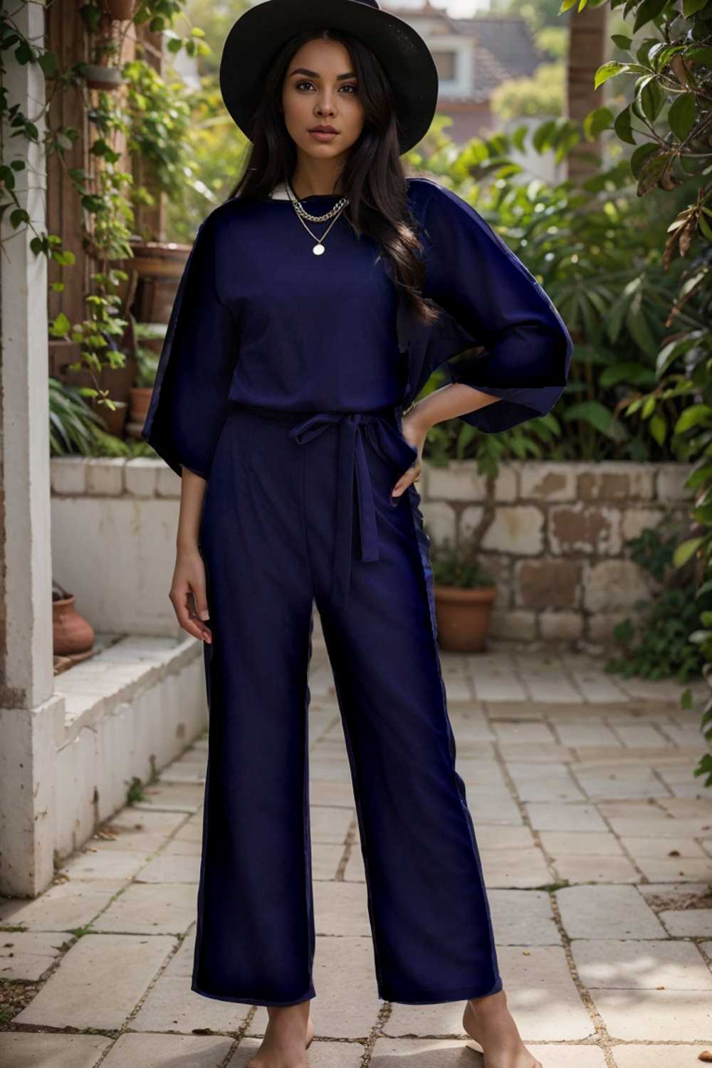 solid five point sleeve belted wide leg jumpsuit 106203