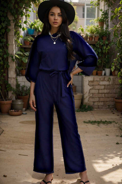 solid five point sleeve belted wide leg jumpsuit 106202