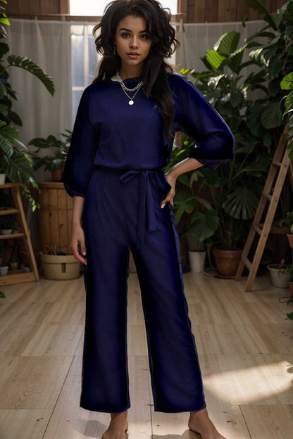 solid five point sleeve belted wide leg jumpsuit 106201