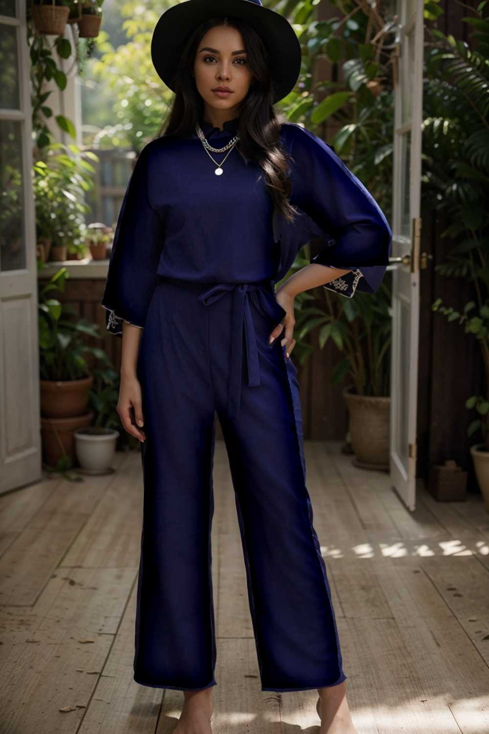 solid five point sleeve belted wide leg jumpsuit 106200