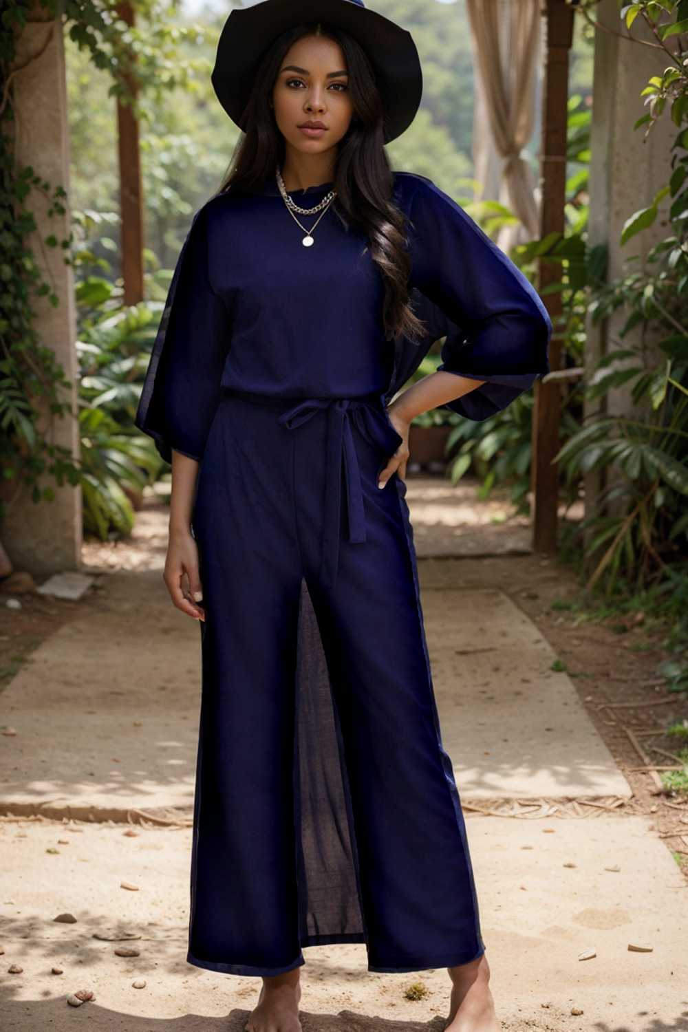 solid five point sleeve belted wide leg jumpsuit 106199