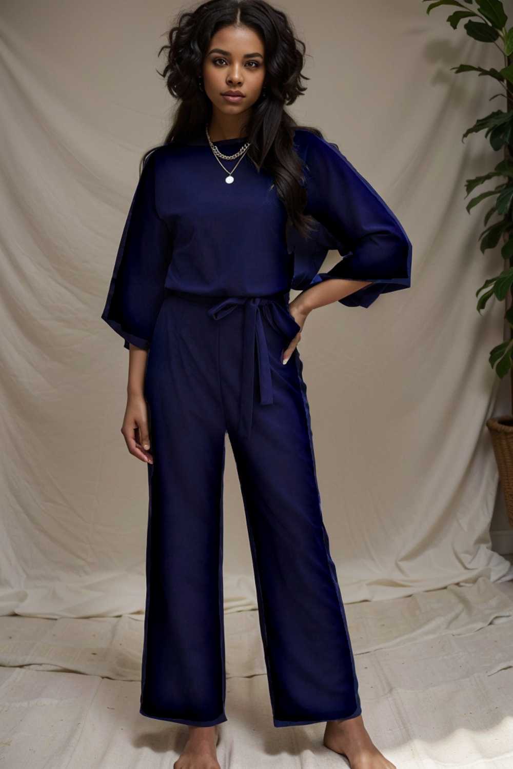 solid five point sleeve belted wide leg jumpsuit 106198