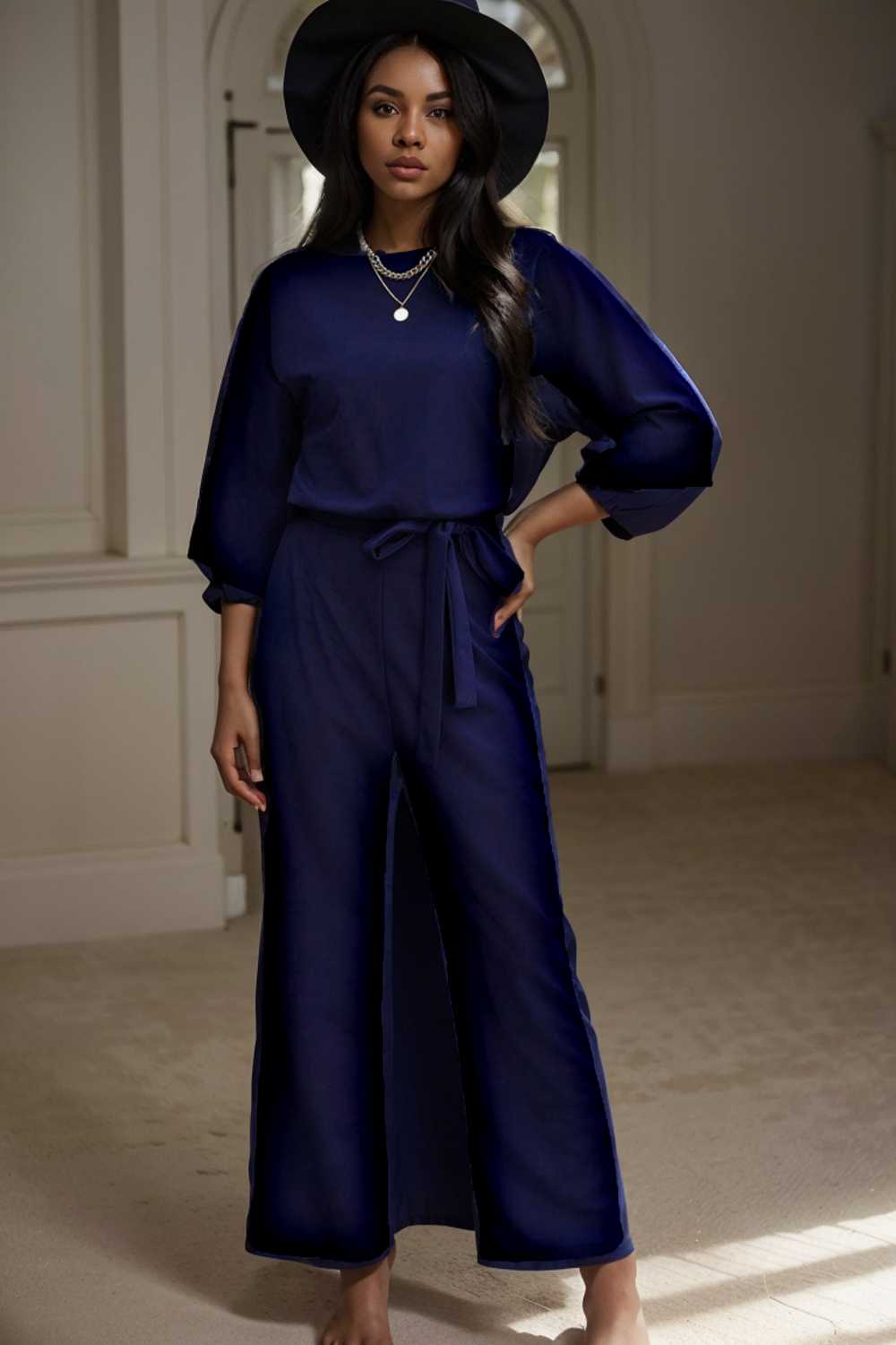 solid five point sleeve belted wide leg jumpsuit 106197
