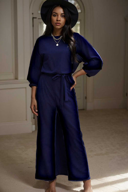 solid five point sleeve belted wide leg jumpsuit 106197