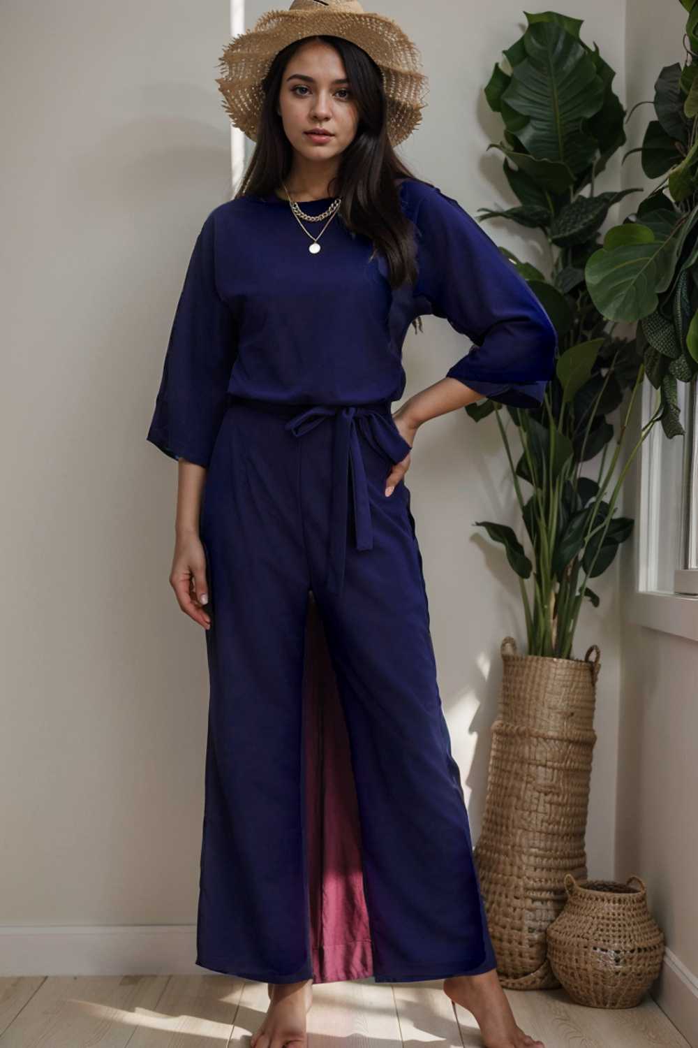 solid five point sleeve belted wide leg jumpsuit 106379