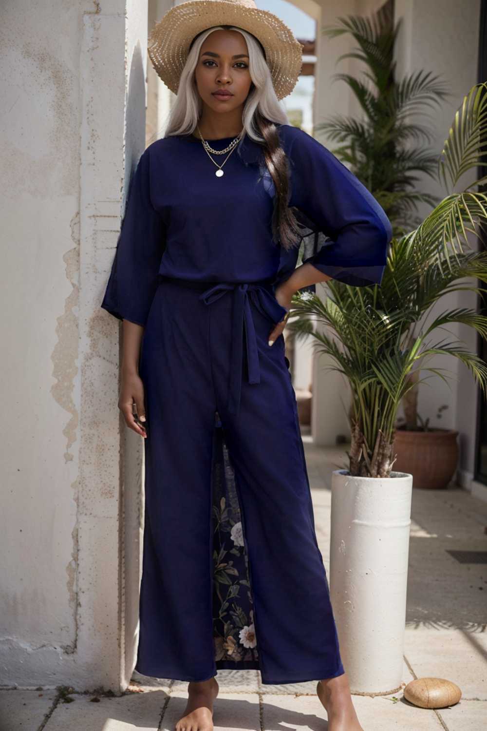 solid five point sleeve belted wide leg jumpsuit 106196