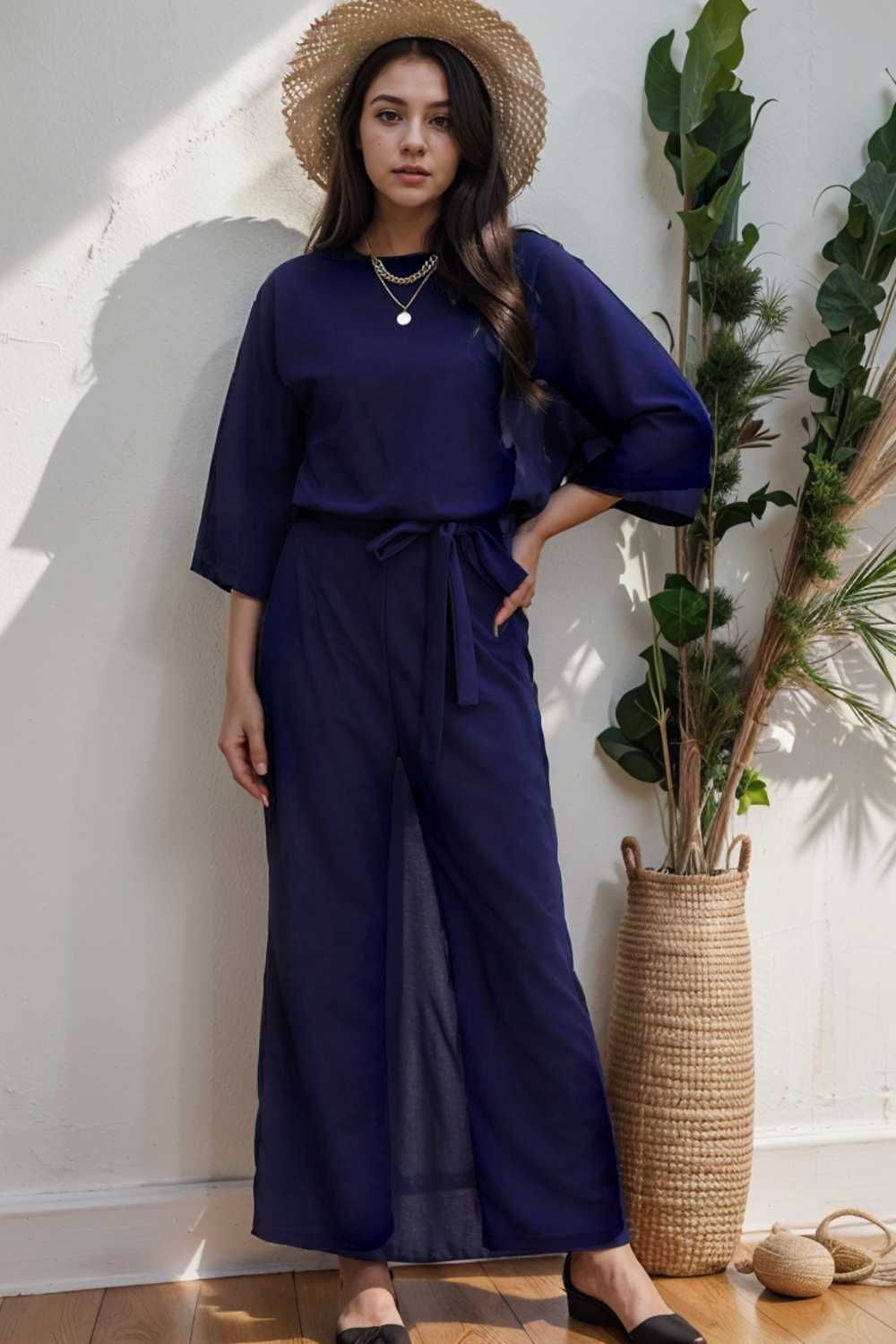 solid five point sleeve belted wide leg jumpsuit 106378