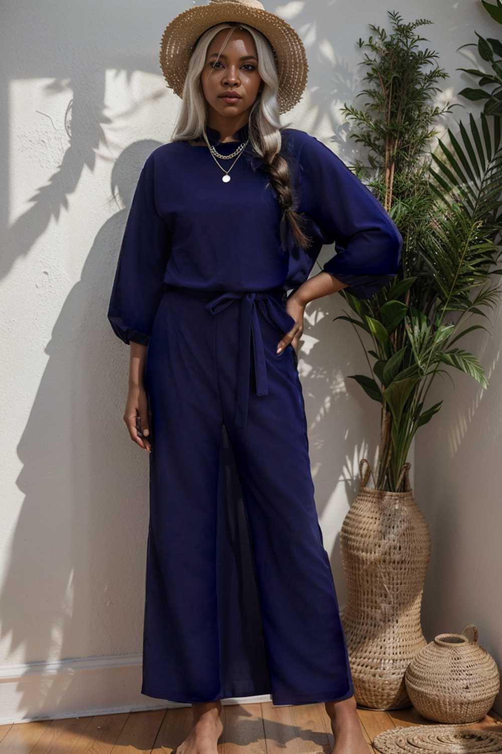 solid five point sleeve belted wide leg jumpsuit 106195
