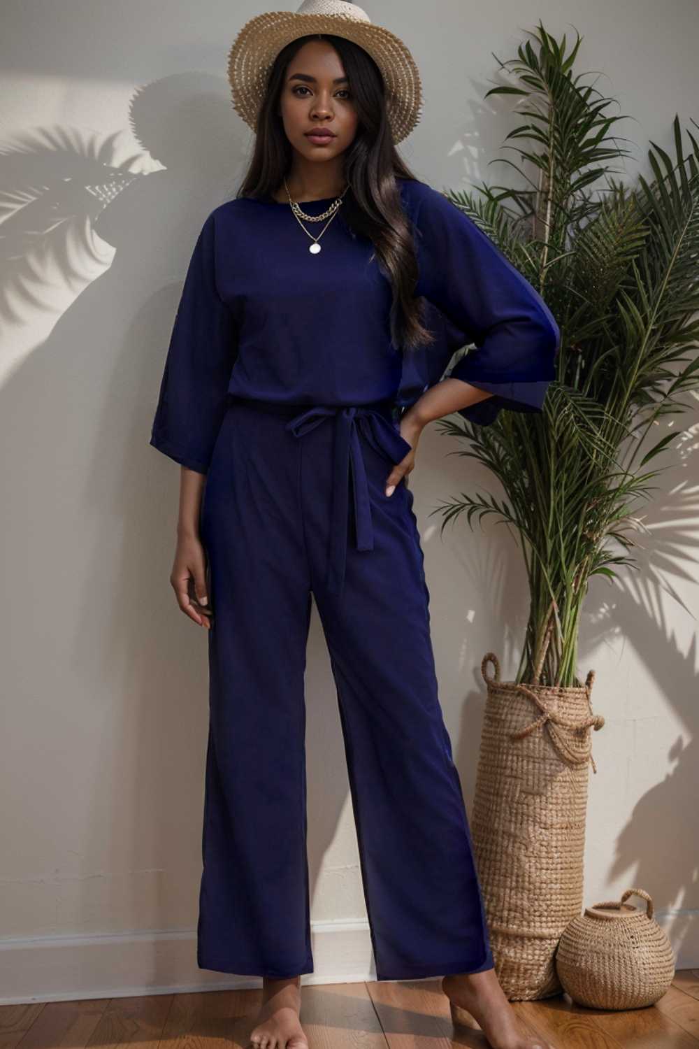 solid five point sleeve belted wide leg jumpsuit 106194