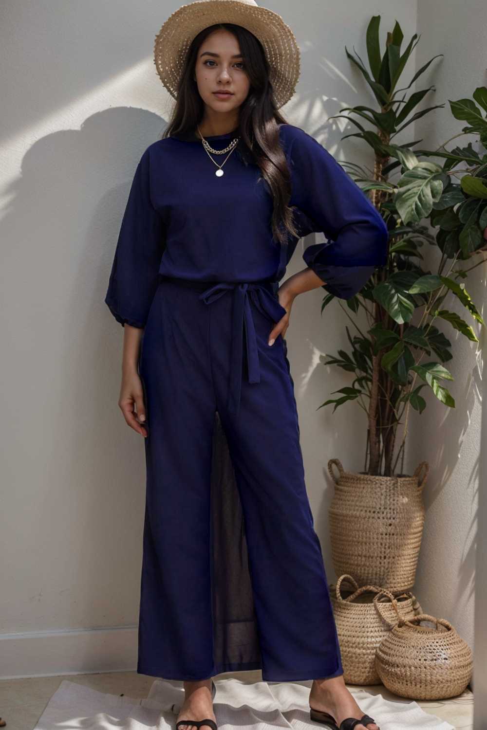 solid five point sleeve belted wide leg jumpsuit 106377