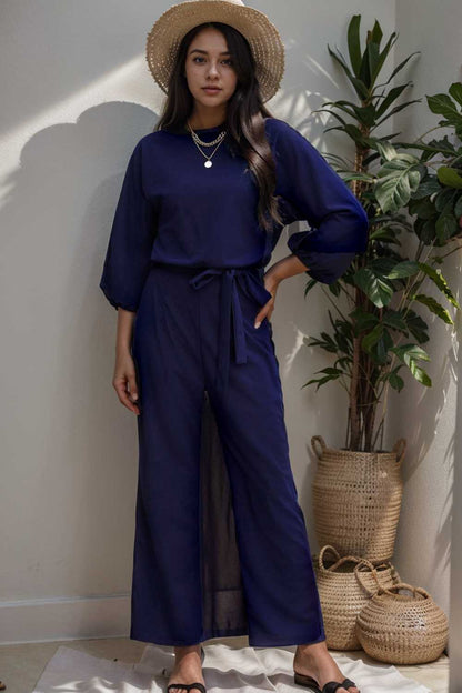 solid five point sleeve belted wide leg jumpsuit 106377