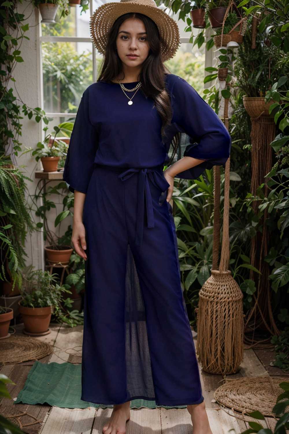solid five point sleeve belted wide leg jumpsuit 106376